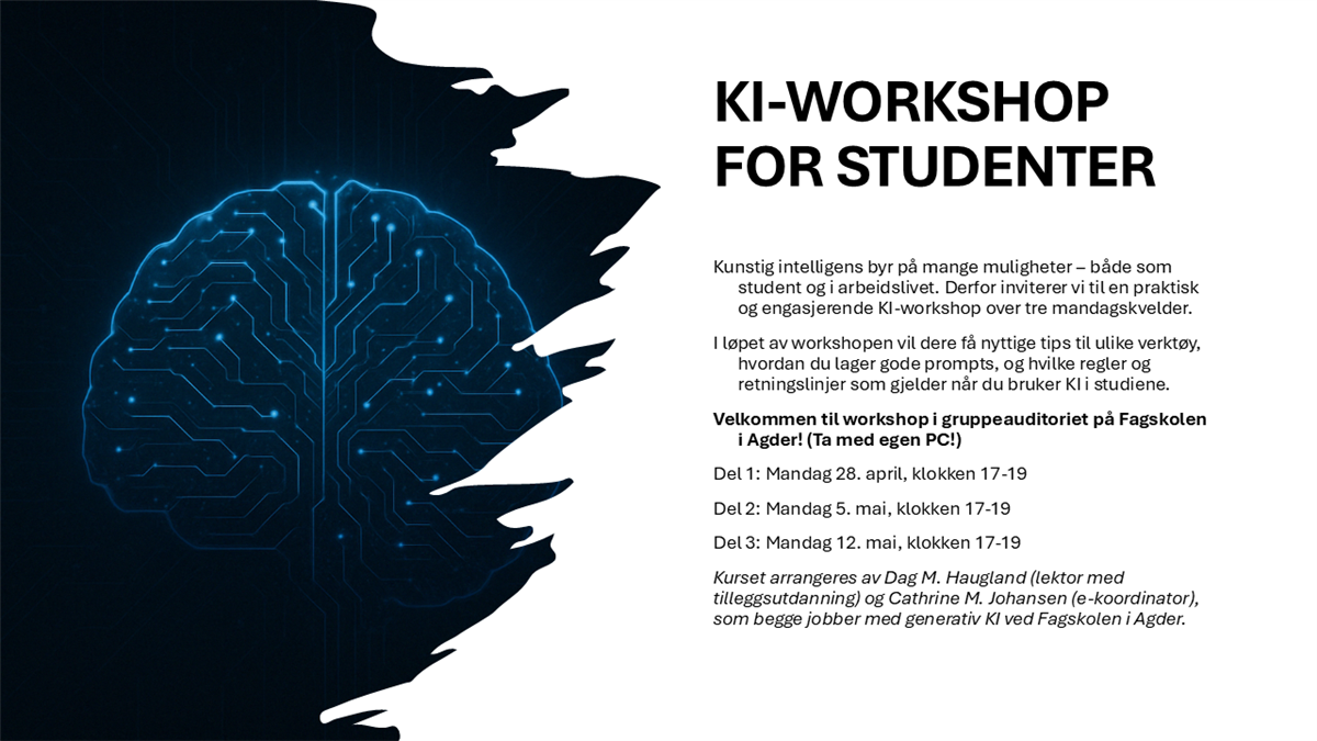 plakat - som inviterer studenter på 3x i mai 2025 KI workshop - Klikk for stort bilde