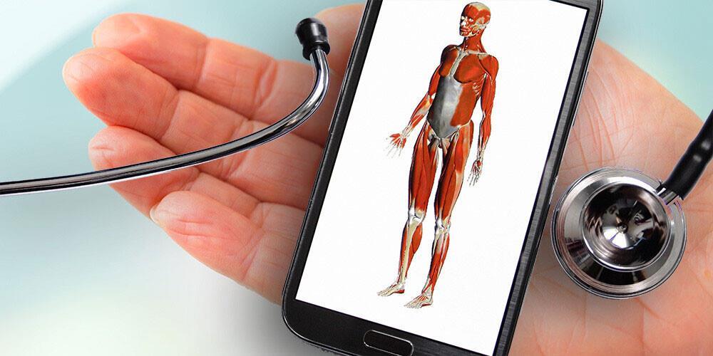 bilde av velferdsteknologi, en hånd som holder en telefon med en helse app og en stetoskop - Klikk for stort bilde