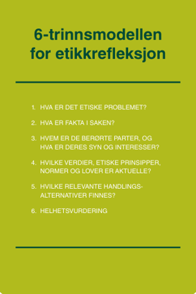 6-trinnsmodellen for etikkrefleksjon HVA ER DET ETISKE PROBLEMET? HVA ER FAKTA I SAKEN? HVEM ER DE BERØRTE PARTER, OG HVA ER DERES SYN OG INTERESSER? HVILKE VERDIER, ETISKE PRINSIPPER, NORMER OG LOVER ER AKTUELLE? HVILKE RELEVANTE HANDLINGSALTERNATIVER FINNES? HELHETSVURDERING - Klikk for stort bilde